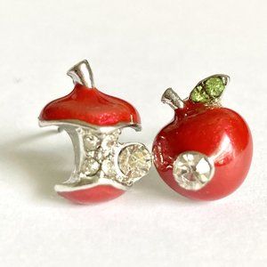 Red Apple Post Earrings Fruit Crystal Enamel Pierced Silver Plated Teacher Gift